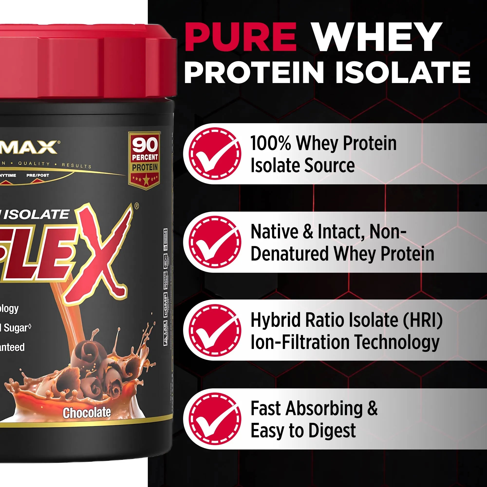 A tub of Pure Whey Flex protein isolate on the left, shown next to a black promotional panel with white and red text highlighting product benefits such as 100% whey protein isolate, native and intact protein, hybrid ratio isolate technology, and fast absorbing properties.