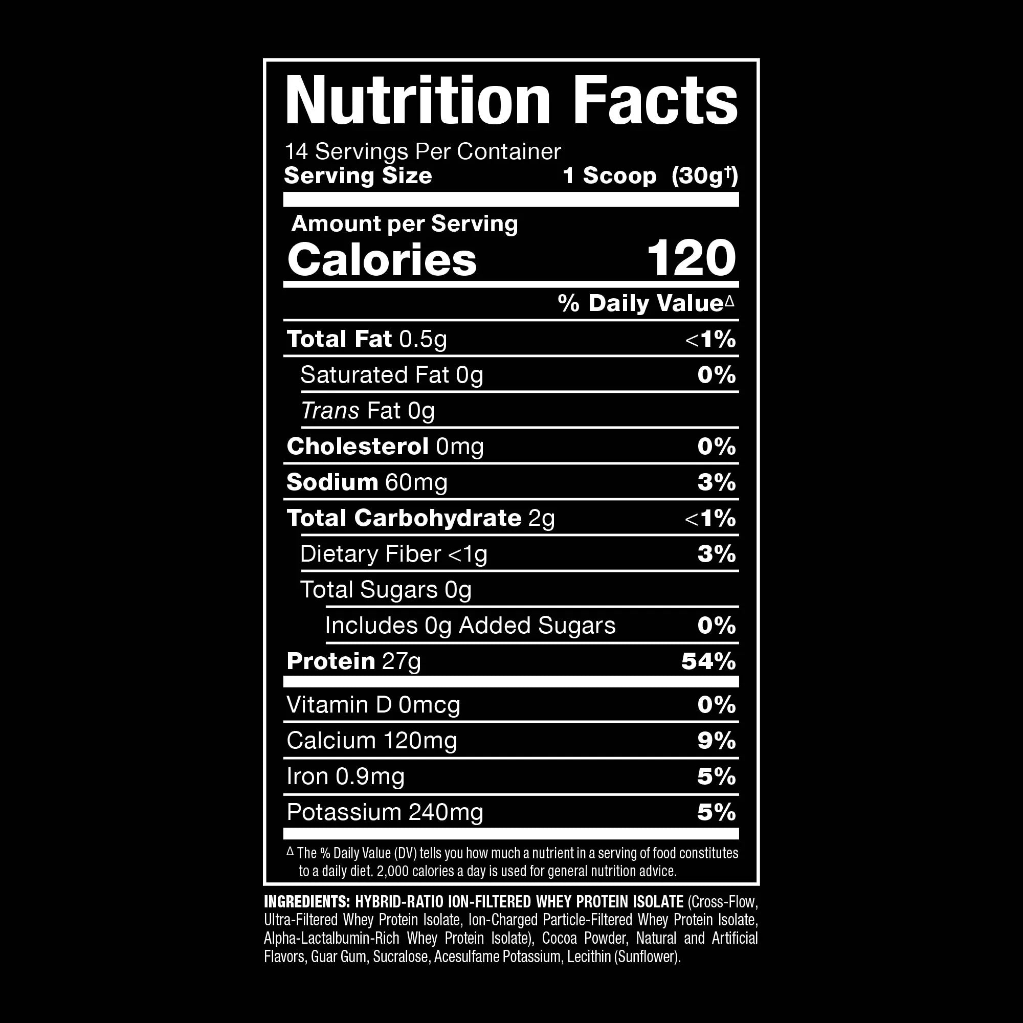 A Nutrition Facts label for a powdered protein isolate product on a black background, showing serving size 1 scoop (30g) and a list of ingredients below.