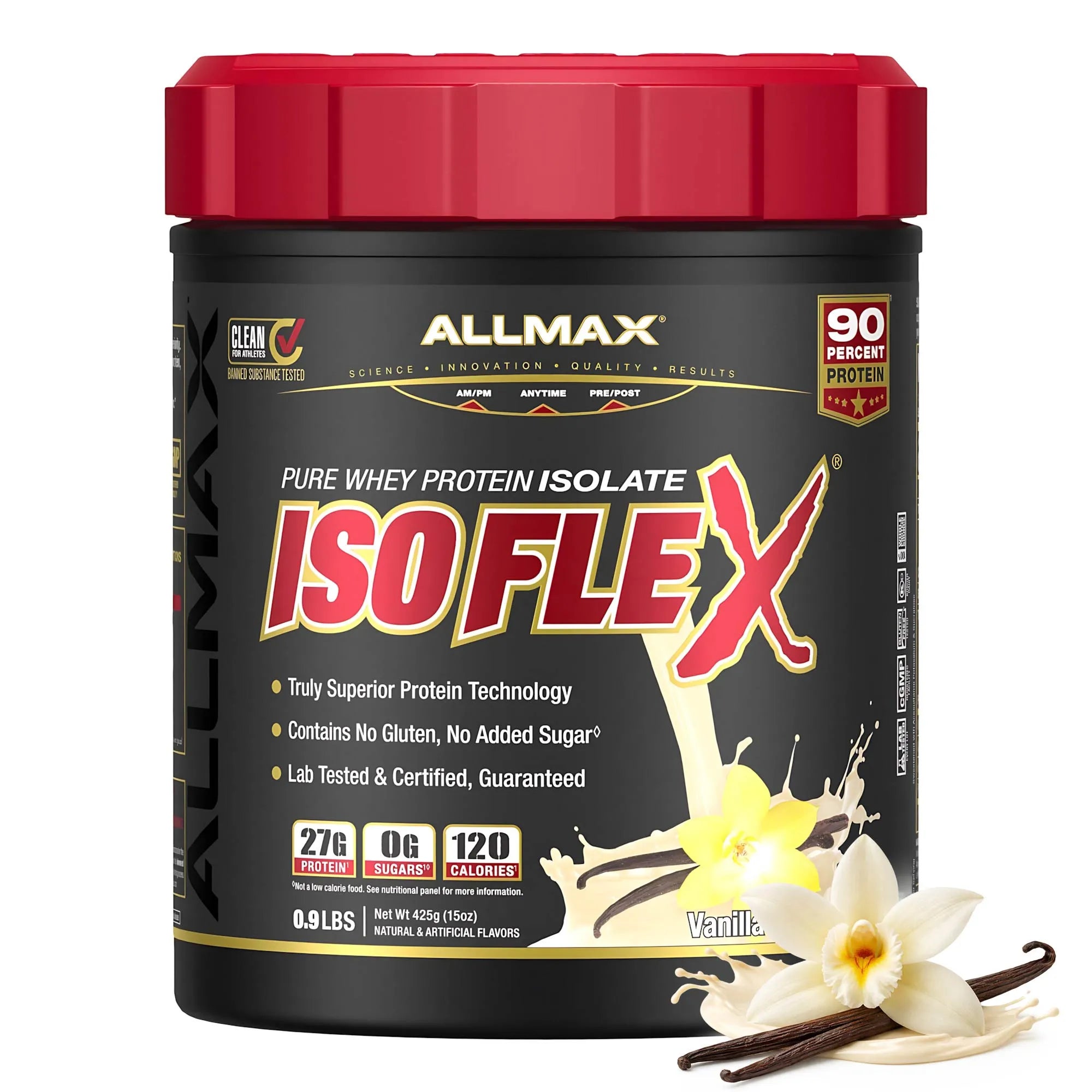 Allmax ISOFLEX protein powder container with vanilla flavor indication