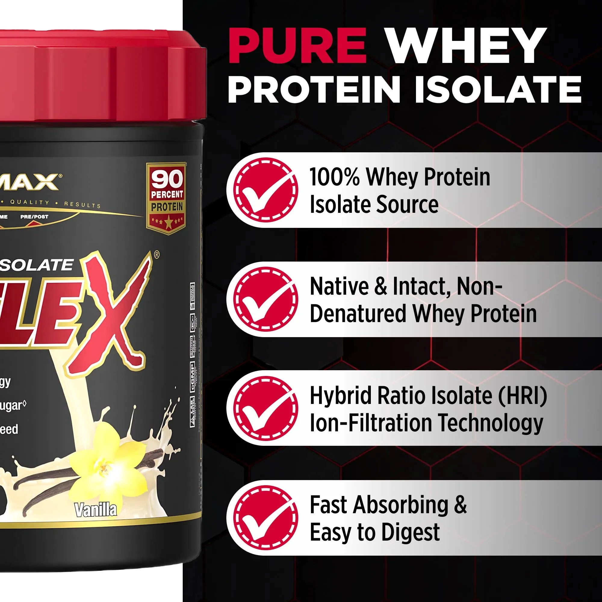 A container of ALLMAX ISOFLEX Chocolate Protein Isolate Vanilla flavor shown next to a black promotional graphic with text highlighting product benefits such as 100% whey protein isolate source, native and intact protein, hybrid ratio isolate technology, and fast absorbing properties.