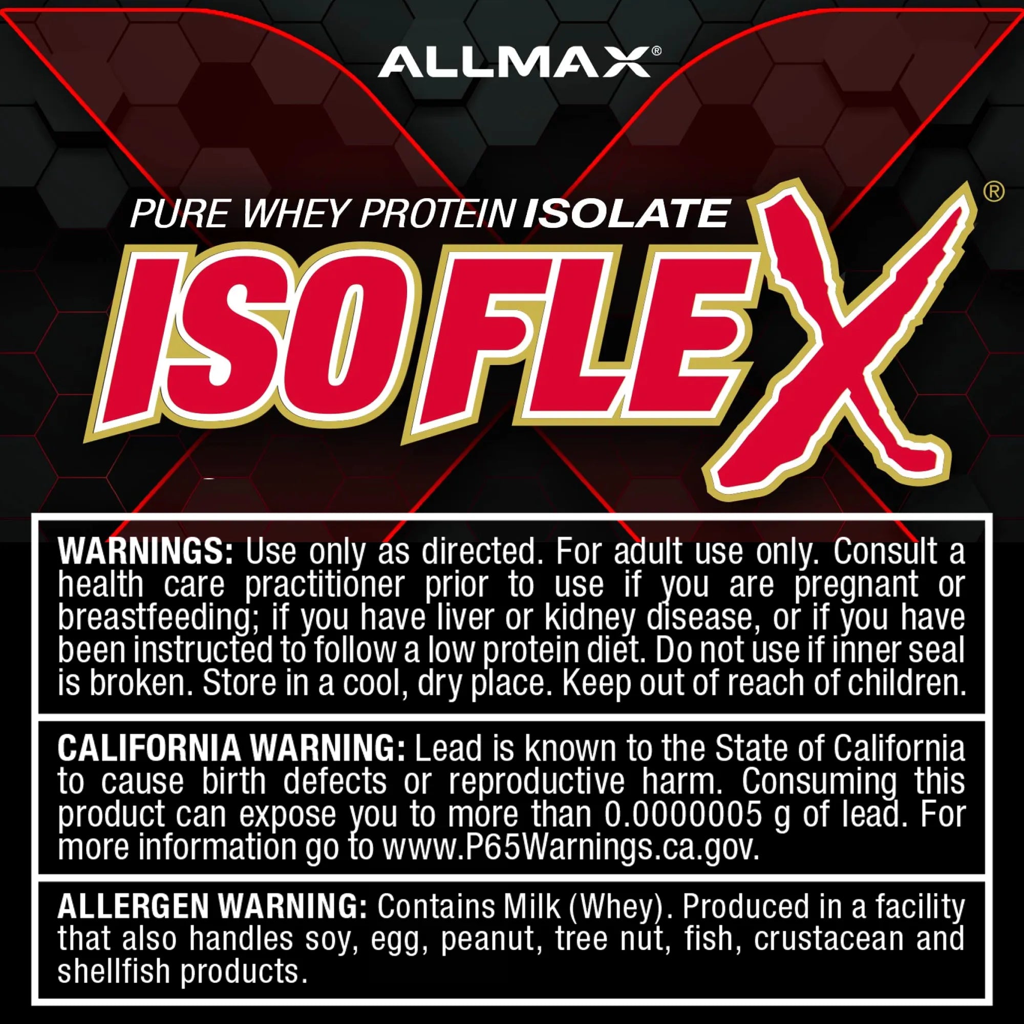 Allmax ISOFLEX Pure Whey Protein Isolate packaging label with product name, warnings, and allergen information on a black background with red and white text.