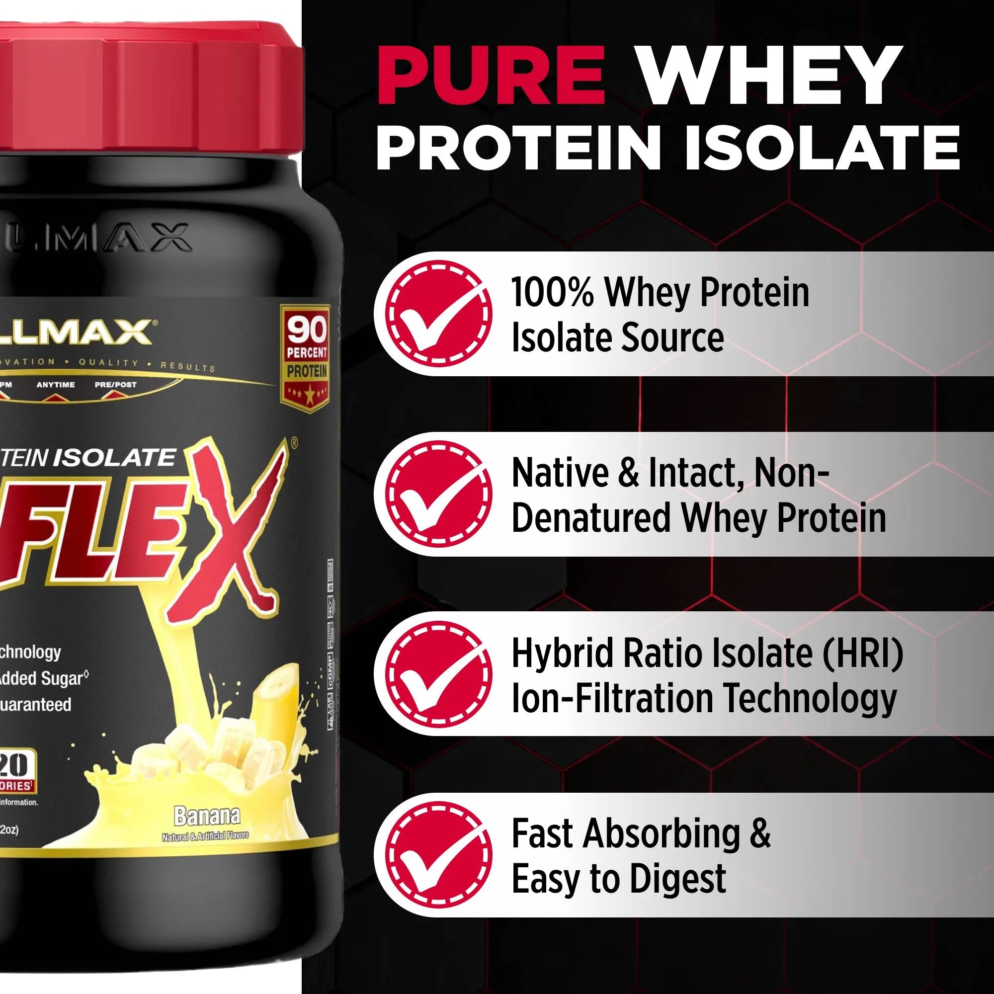 ISOFlex protein supplement container with certification badges on a black background