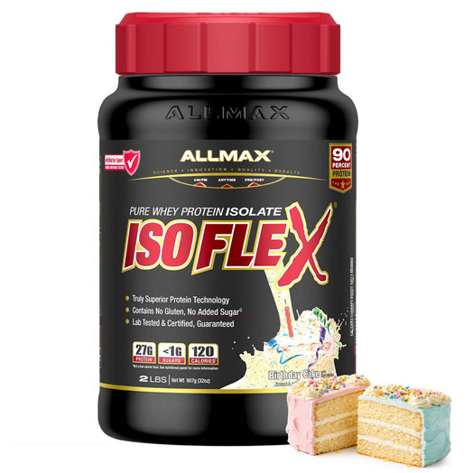 A black tub of Allmax ISOFLEX Pure Whey Protein Isolate with a red lid, shown on a white background with two cake slices in the foreground.
