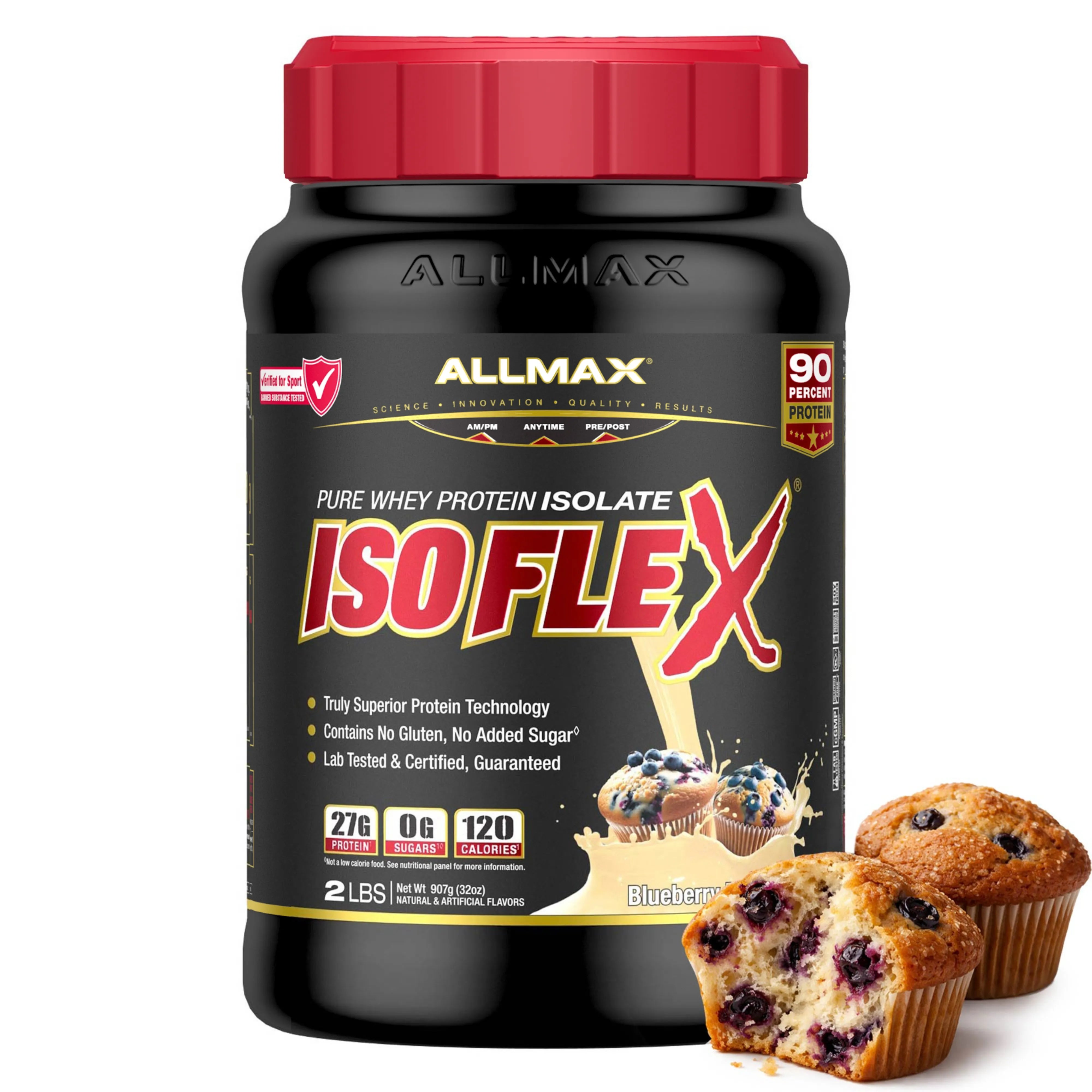 A tub of Allmax IsoFlex Pure Whey Protein Isolate in Blueberry flavor, shown alongside two blueberry muffins on a clean white background.