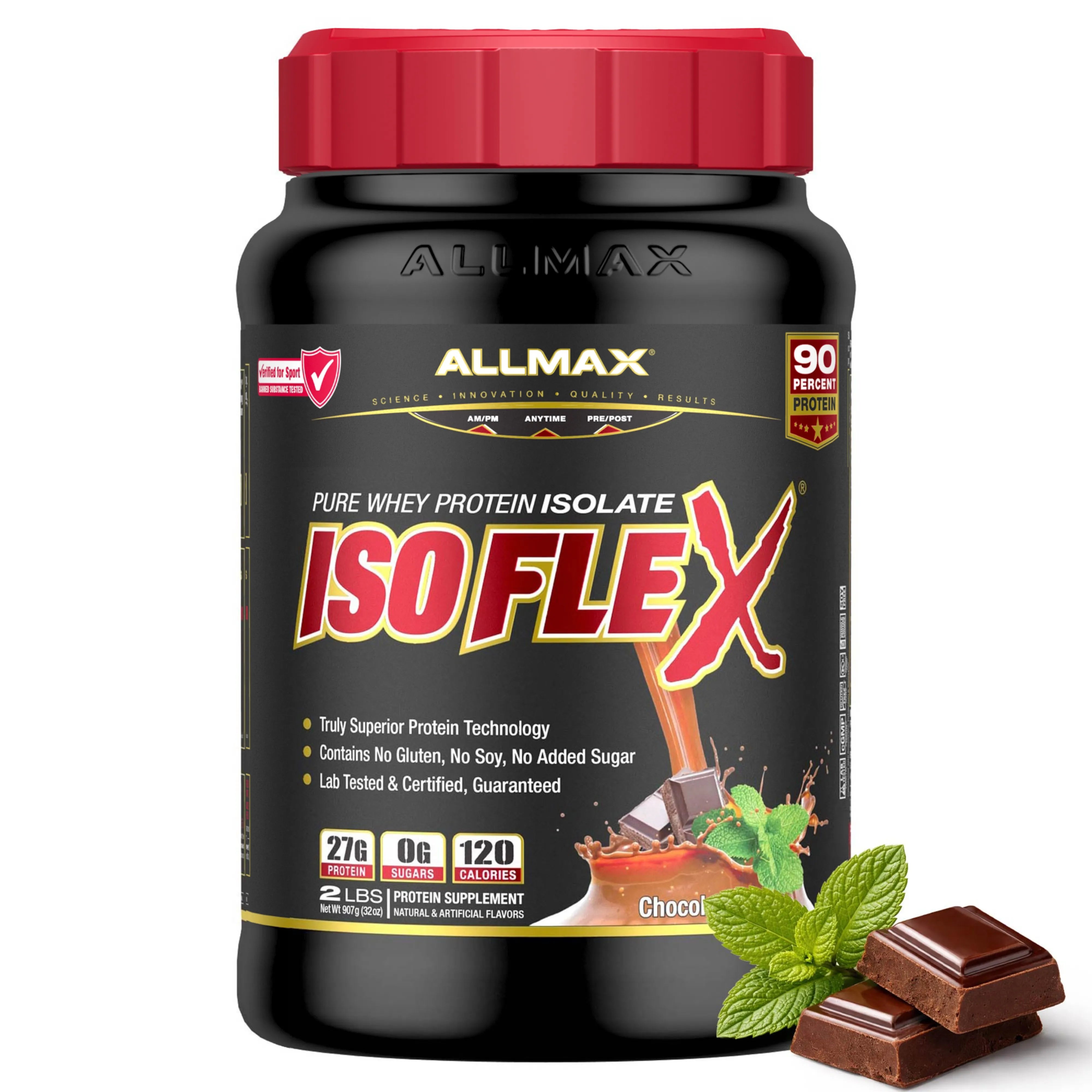 A bottle of Allmax Isoflex Pure Whey Protein Isolate in Chocolate mint flavor, shown with chocolate chunks and mint leaves on a clean white background.