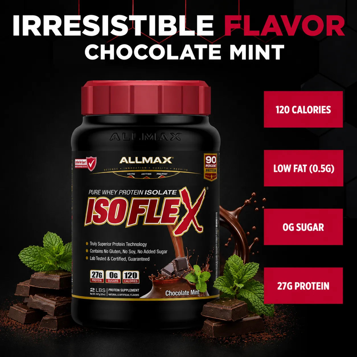 Allmax IsoFlex Pure Whey Protein Isolate in Chocolate Mint flavor, shown in a black tub with a red cap, surrounded by chocolate pieces, mint leaves, and flavor graphics on a black background.