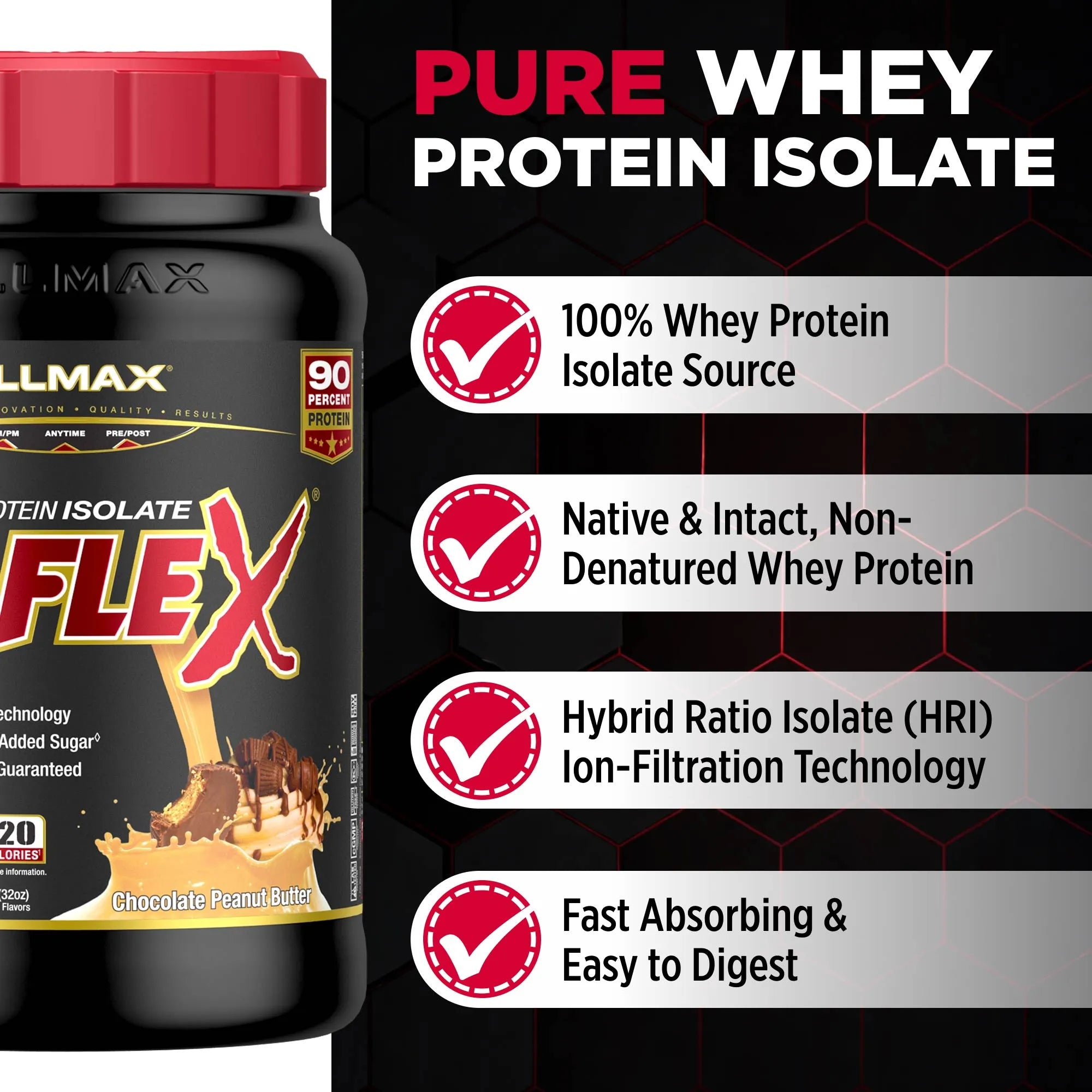 A bottle of ISOFlex Whey Protein Isolate on the left, next to a black promotional panel with red and white text highlighting product benefits such as 100% whey protein isolate, native and intact protein, hybrid ratio isolate technology, and fast absorbing properties.