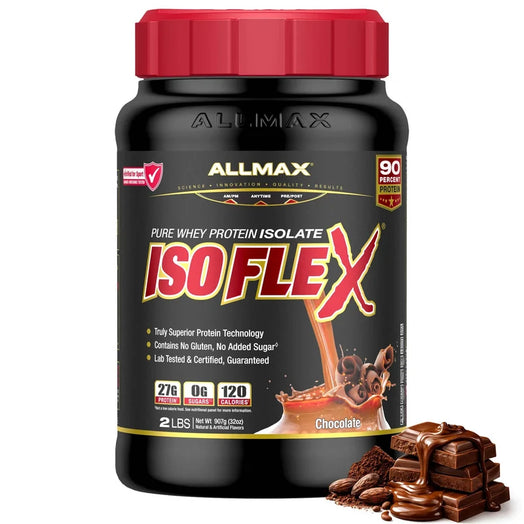 A 2 lb tub of Allmax IsoFlex Pure Whey Protein Isolate in Chocolate flavor, featuring a black container with a red cap and a red and gold label, with chocolate pieces shown at the bottom right.
