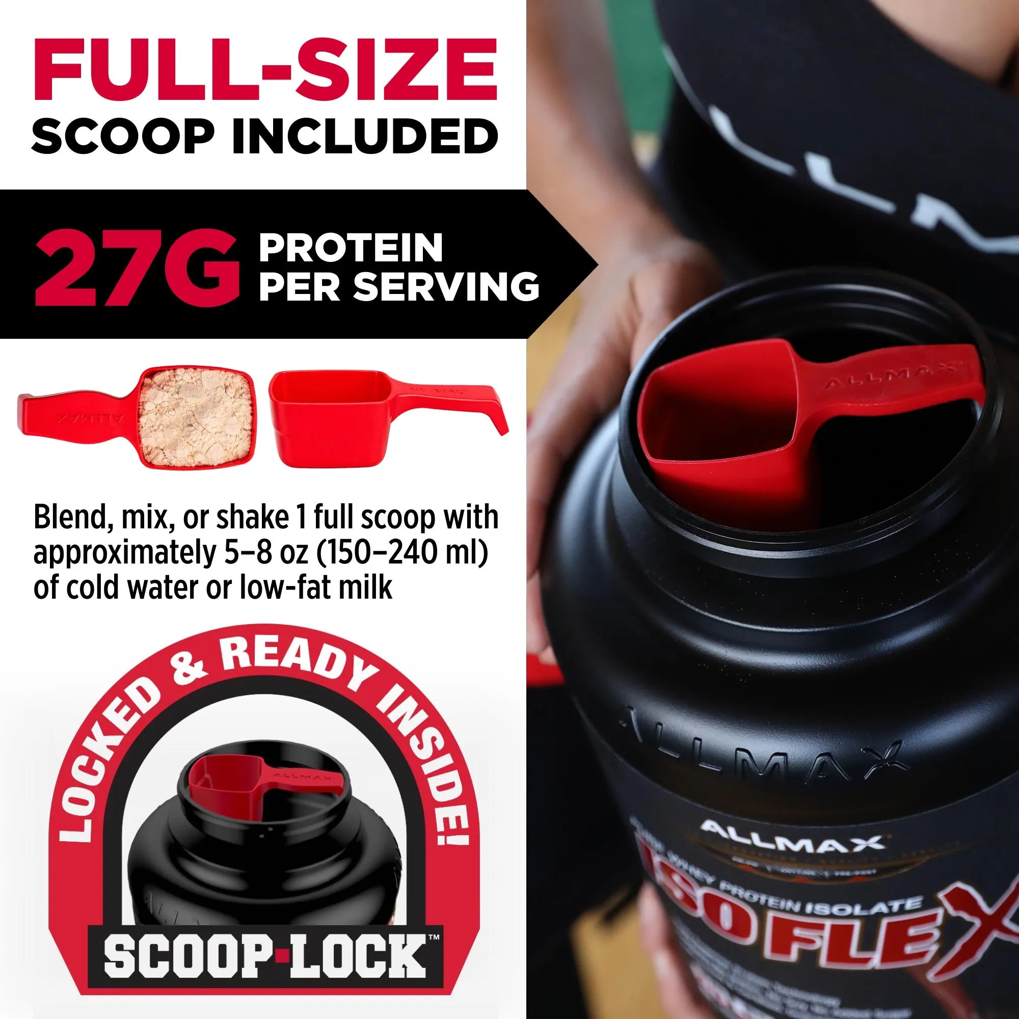 Allmax protein powder container with scoop and serving information.