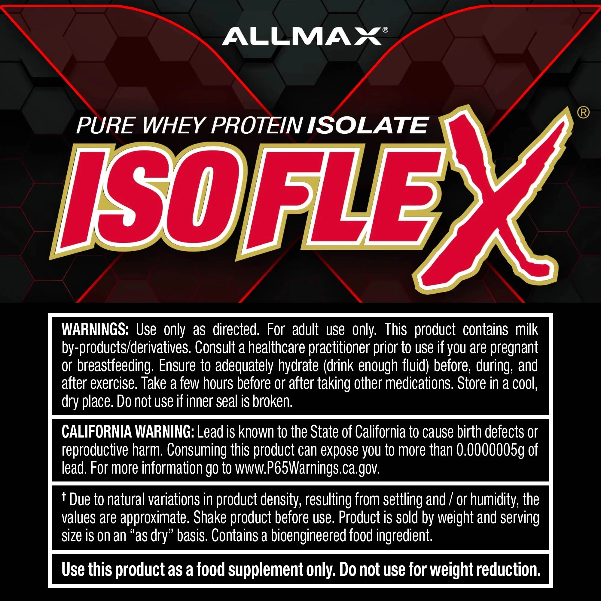 A black and red Allmax Pure Whey Protein Isolate Isoflex product label with large white and red text, warning panel, and usage note.