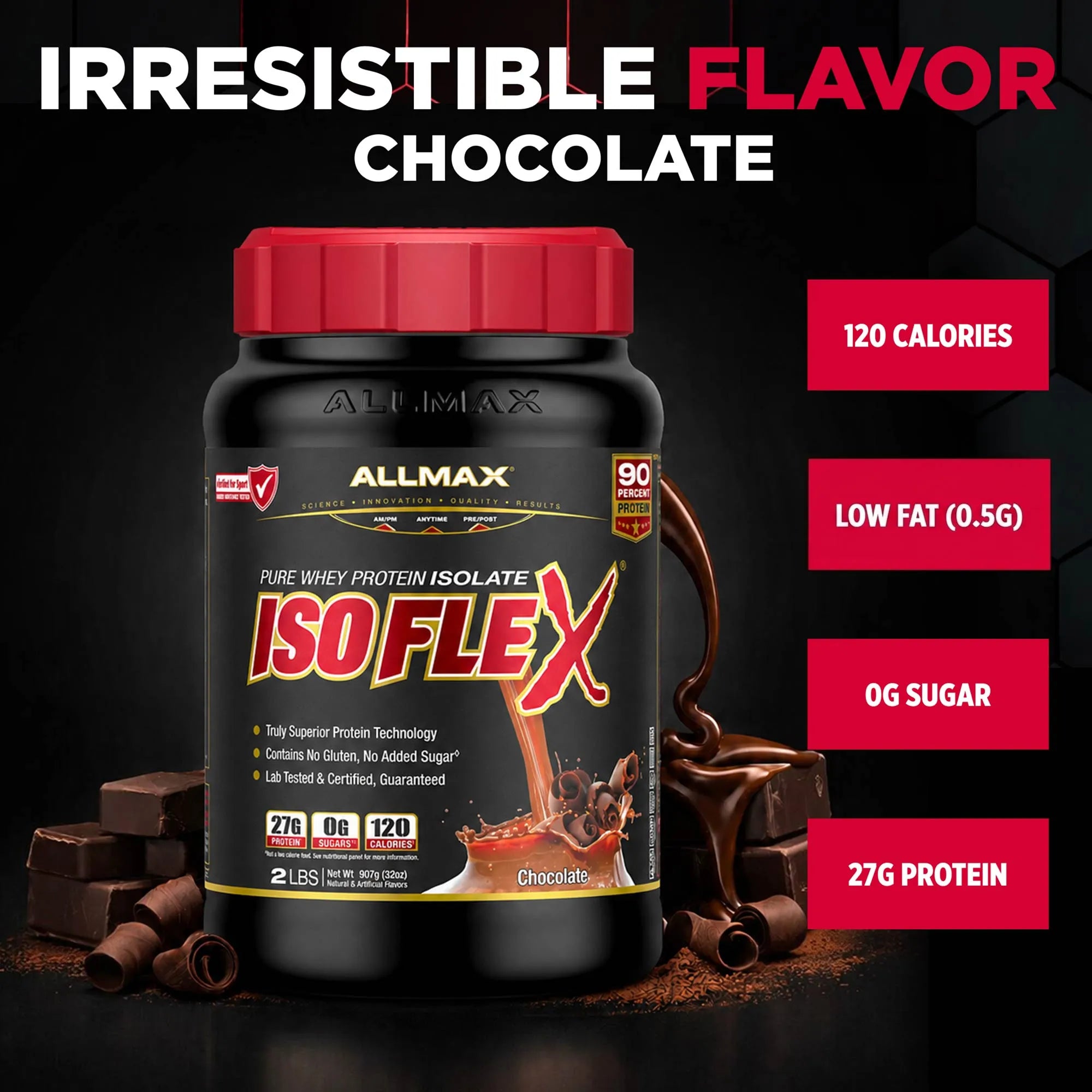 A bottle of Allmax IsoFlex Pure Whey Protein Isolate in Chocolate flavor, shown on a dark background with chocolate pieces and text callouts highlighting 120 calories, low fat, 0g sugar, and 27g protein.