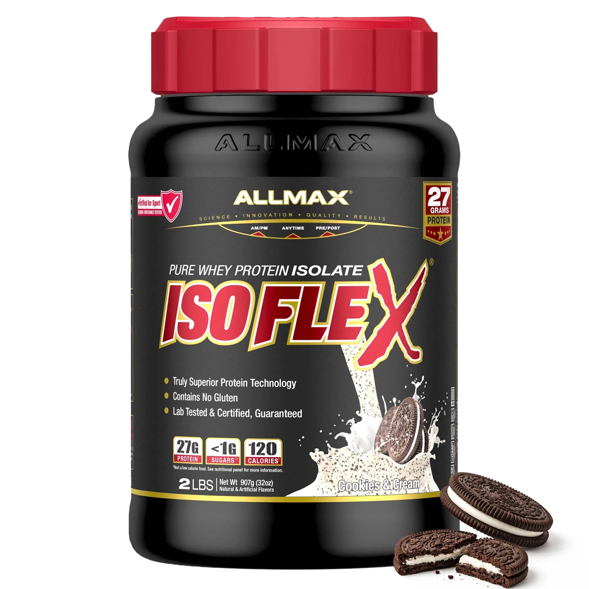 A black tub of Allmax Isoflex Pure Whey Protein Isolate with a red lid, shown on a white background with two Oreo cookies at the bottom right.