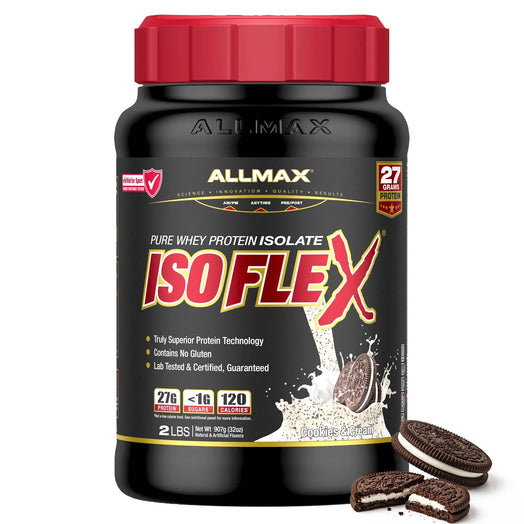 A black tub of Allmax Isoflex Pure Whey Protein Isolate with a red lid, shown on a white background with two Oreo cookies at the bottom right.
