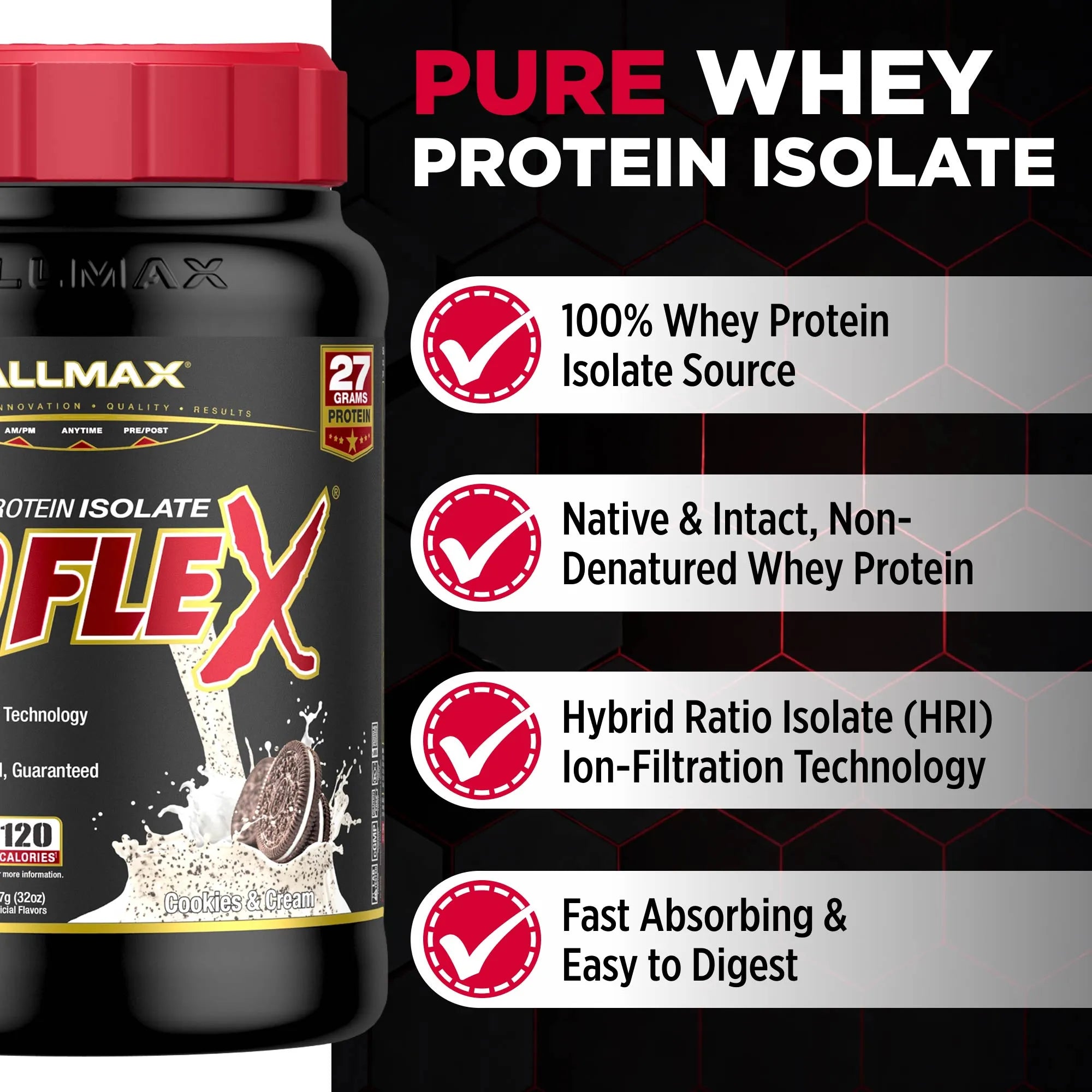 AllMax ISOFlex protein supplement container with certification badges on a black background