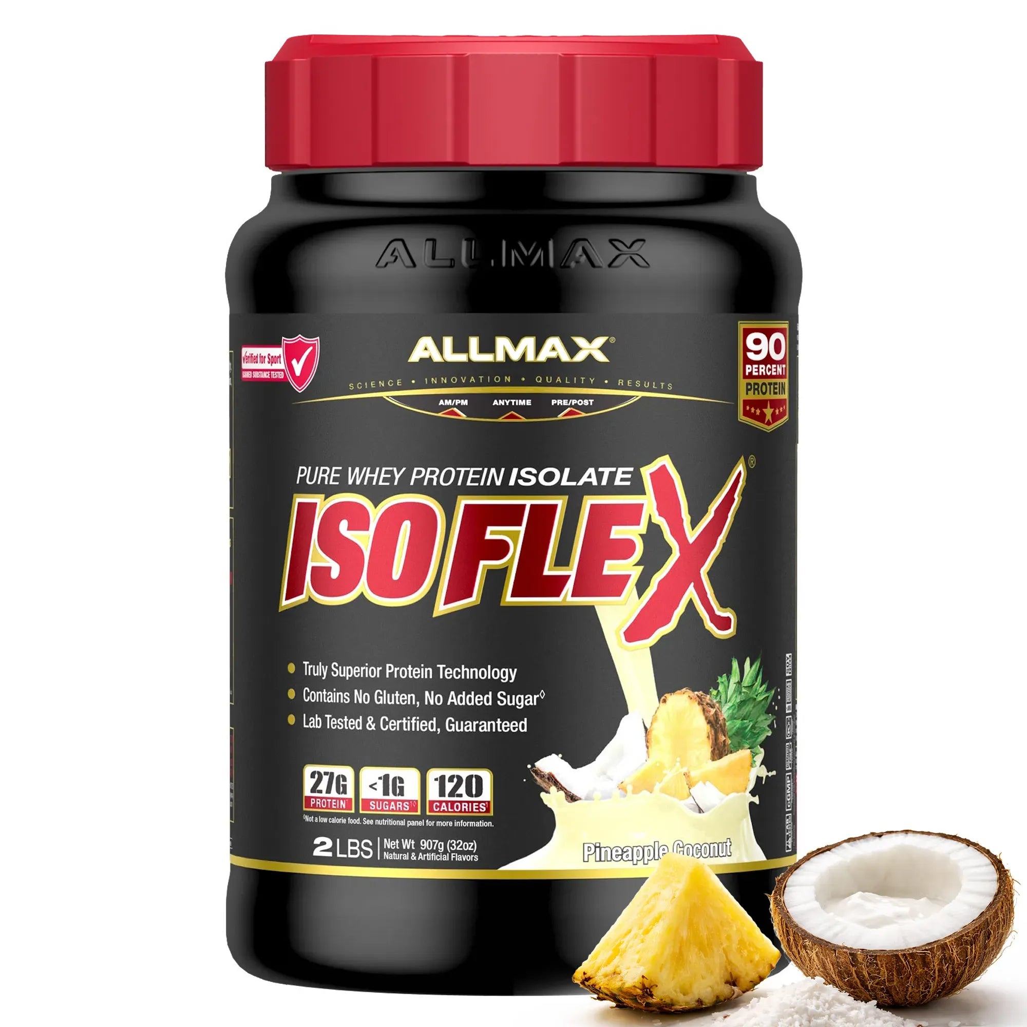 Allmax ISOFLEX protein supplement bottle with pineapple and coconut on a white background