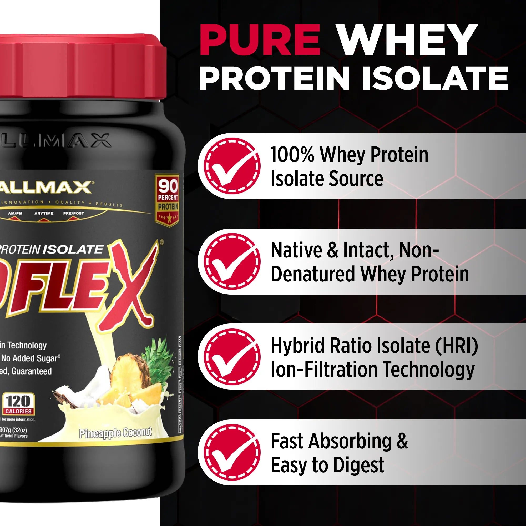 AllMax ISOFlex Pure Whey Protein Isolate container with features listed on a black background