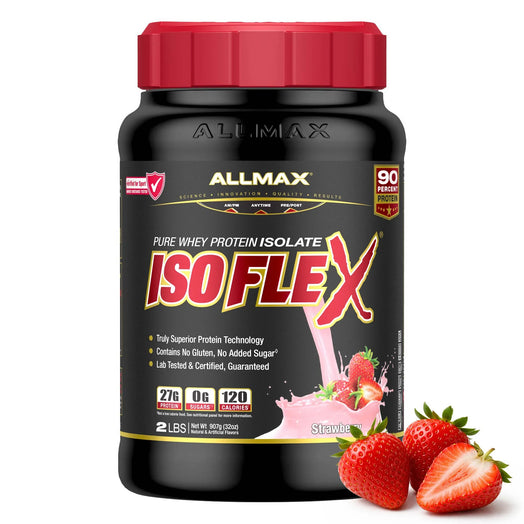 A black tub of Allmax IsoFlex Pure Whey Protein Isolate in strawberry flavor, featuring a red cap and a label with red and white text, shown alongside fresh strawberries on a white background.