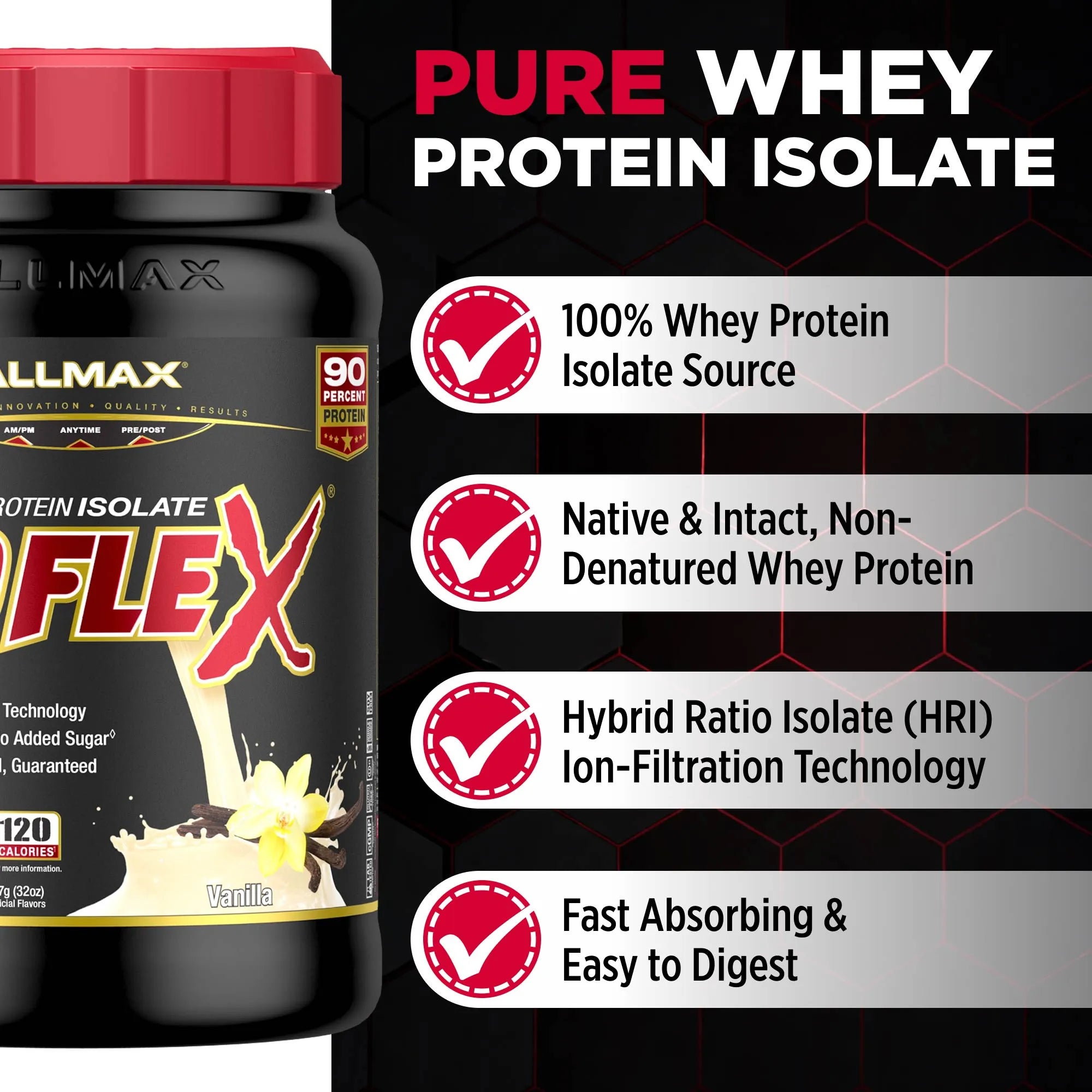 A tub of ISOFlex Protein Isolate Vanilla flavor shown next to a black promotional panel with red and white text highlighting product features such as 100% whey protein isolate, native and intact protein, hybrid ratio isolate technology, and fast absorbing properties.