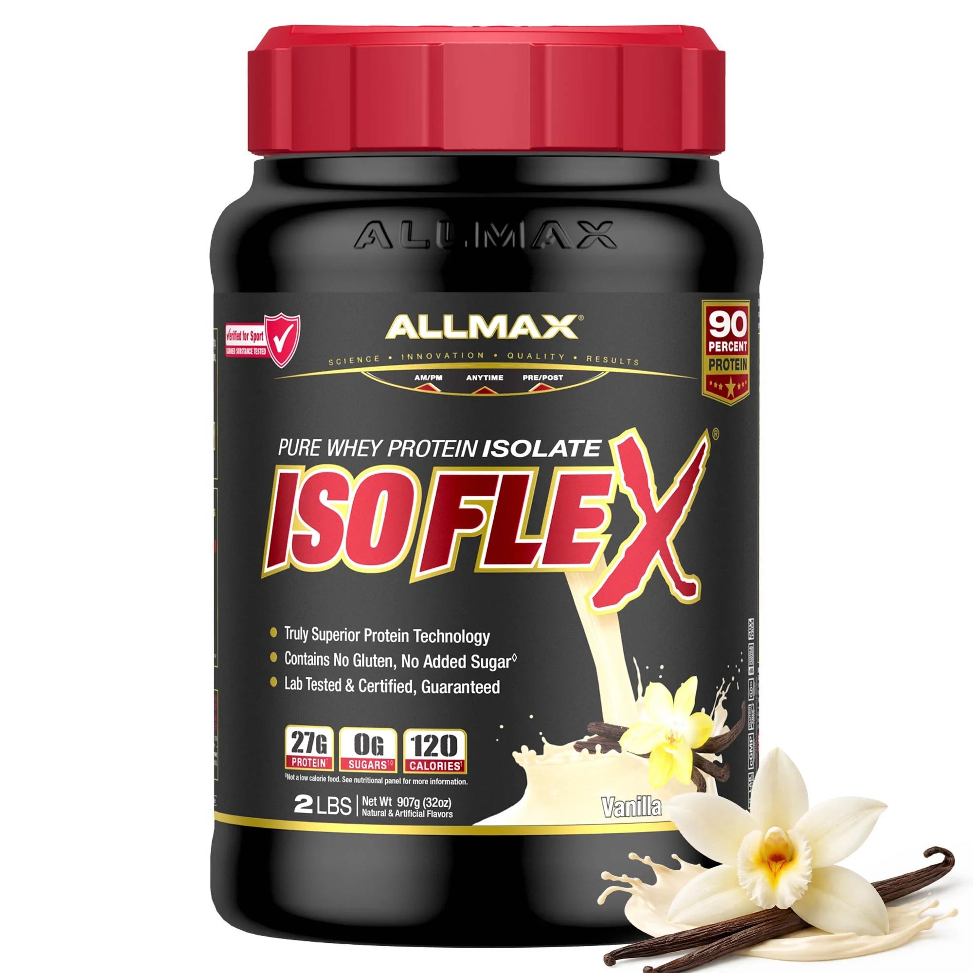A 2 lb bottle of Allmax ISOFLEX Pure Whey Protein Isolate in Vanilla flavor, featuring a black container with a red cap and vanilla flower graphics on a white background.