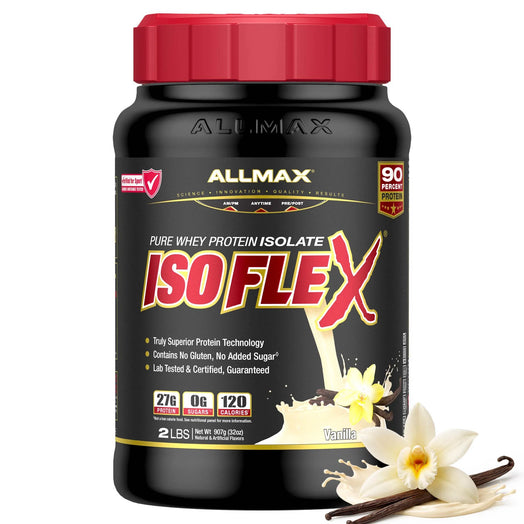 A 2 lb bottle of Allmax ISOFLEX Pure Whey Protein Isolate in Vanilla flavor, featuring a black container with a red cap and vanilla flower graphics on a white background.
