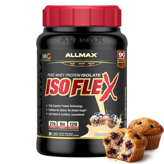 Allmax ISOFLEX protein supplement bottle with blueberry muffins on a white background