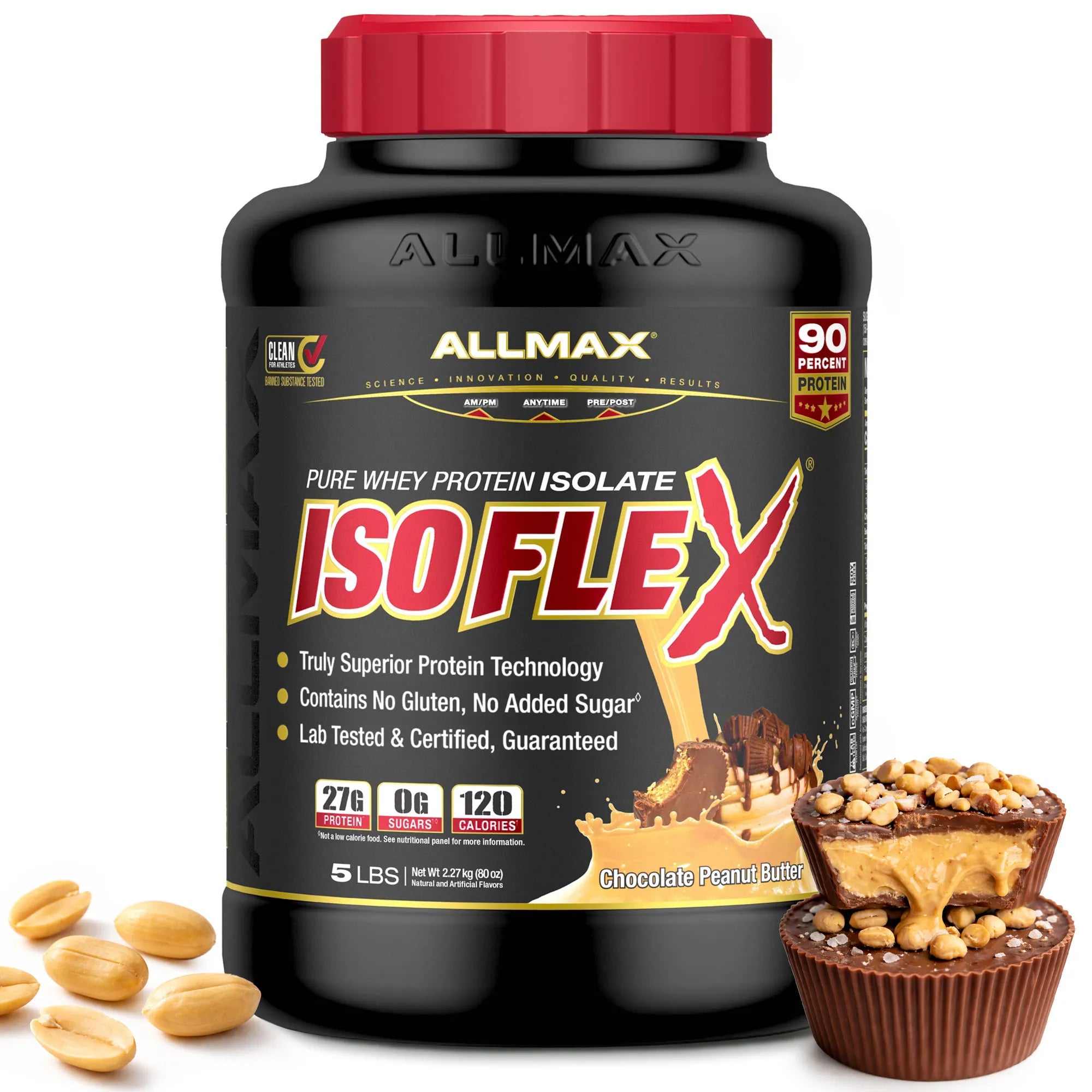 Allmax ISOFLEX protein supplement bottle with chocolate peanut butter cups on a white background