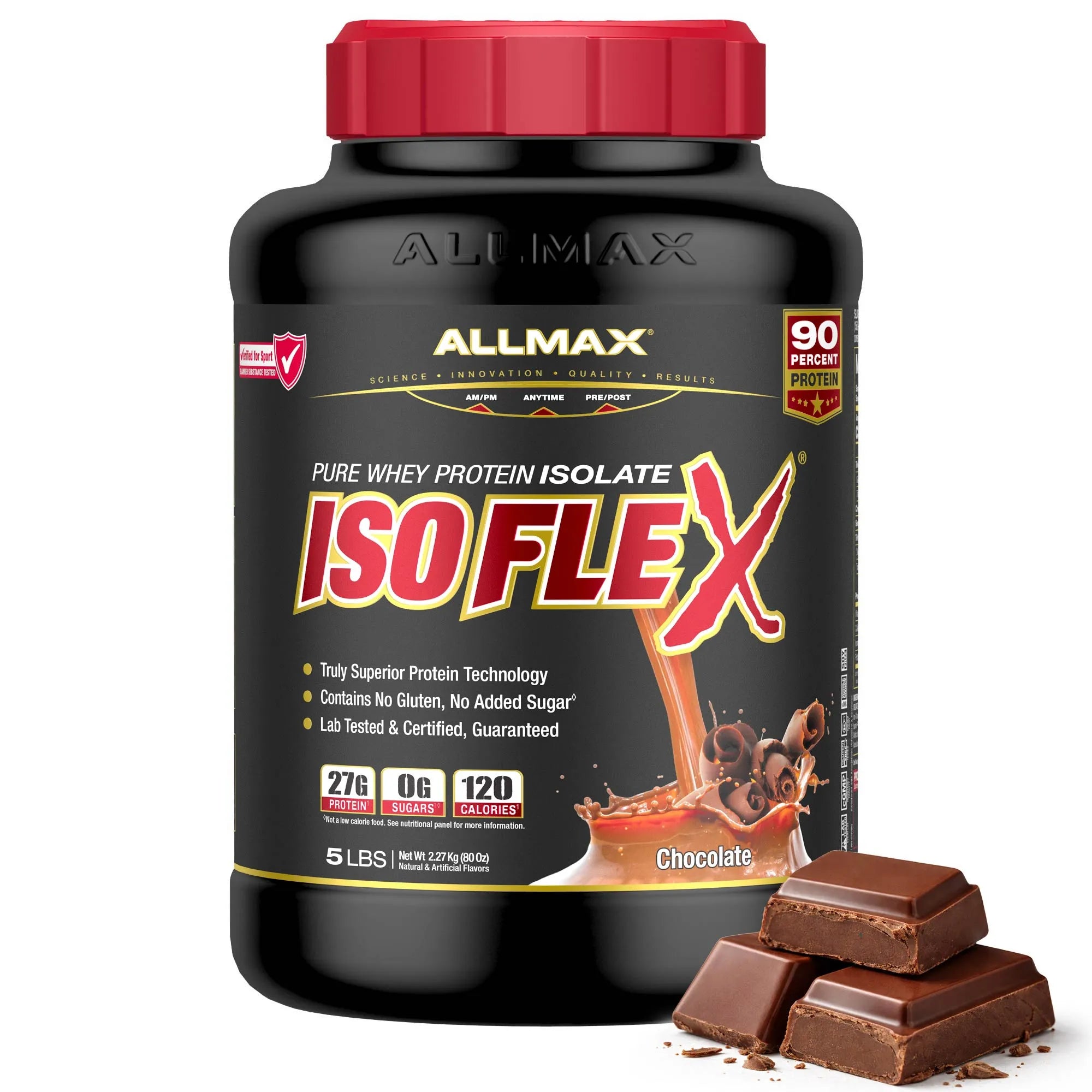 A 5 lb tub of Allmax IsoFlex Pure Whey Protein Isolate in Chocolate flavor, shown with several chocolate pieces in front on a white background.