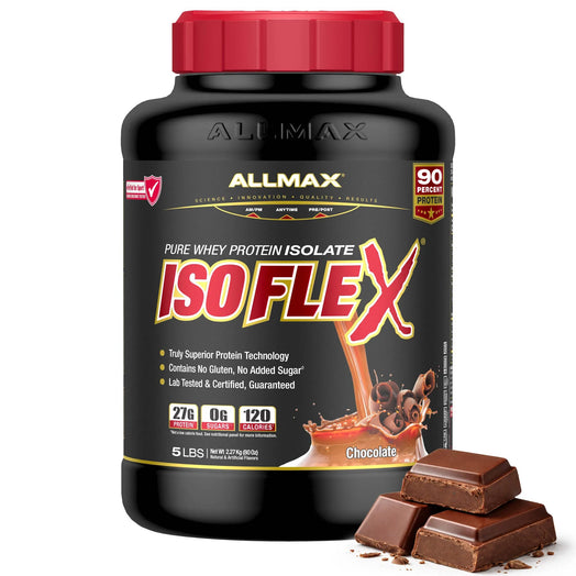 A 5 lb tub of Allmax IsoFlex Pure Whey Protein Isolate in Chocolate flavor, shown with several chocolate pieces in front on a white background.