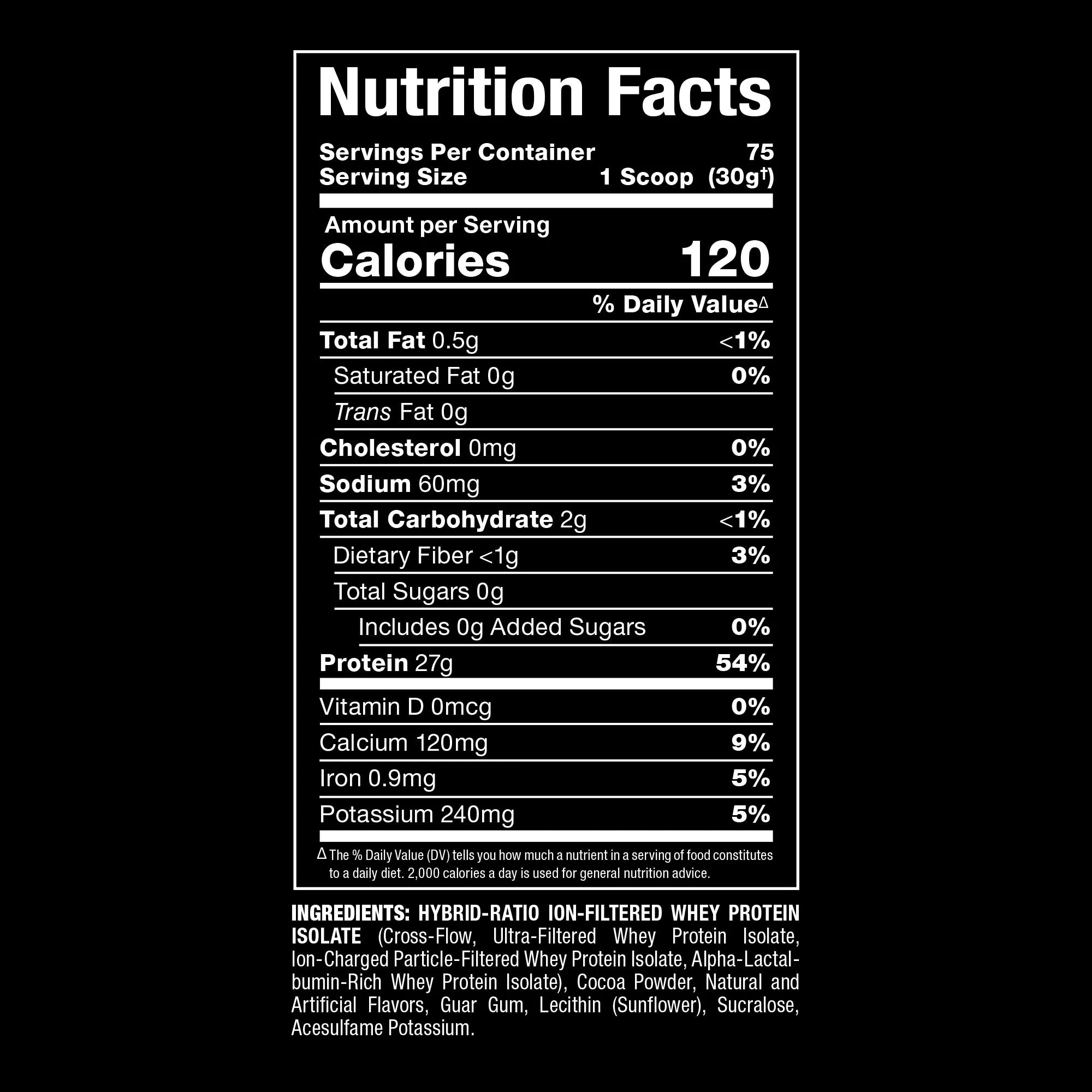 A Nutrition Facts label for a whey protein isolate product on a black background, showing serving size, calories, and ingredient information in white text.