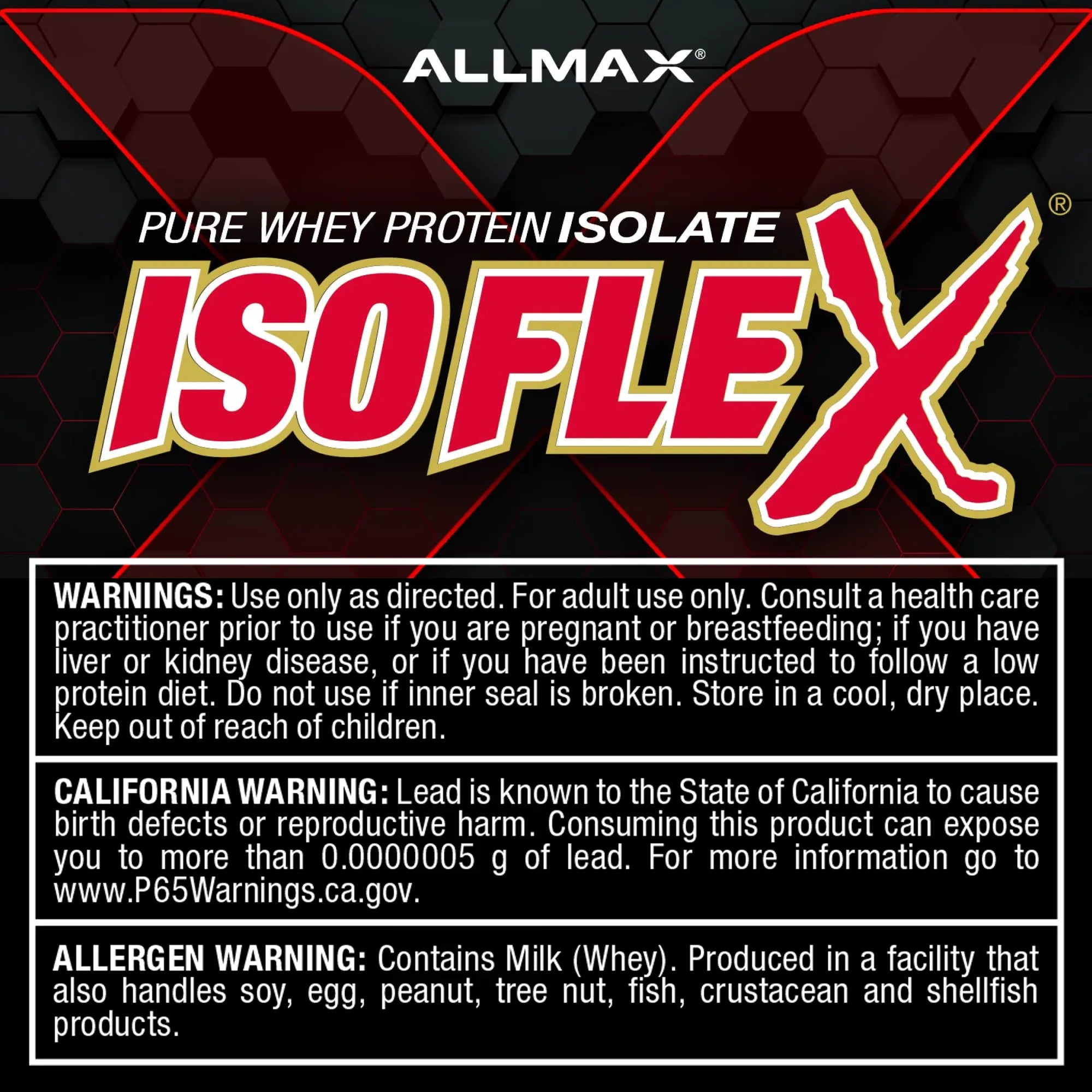 Front of an Allmax Pure Whey Protein Isolate Isoflex package, showing the brand name, product name, and extensive warning labels on a black background with red and white text.