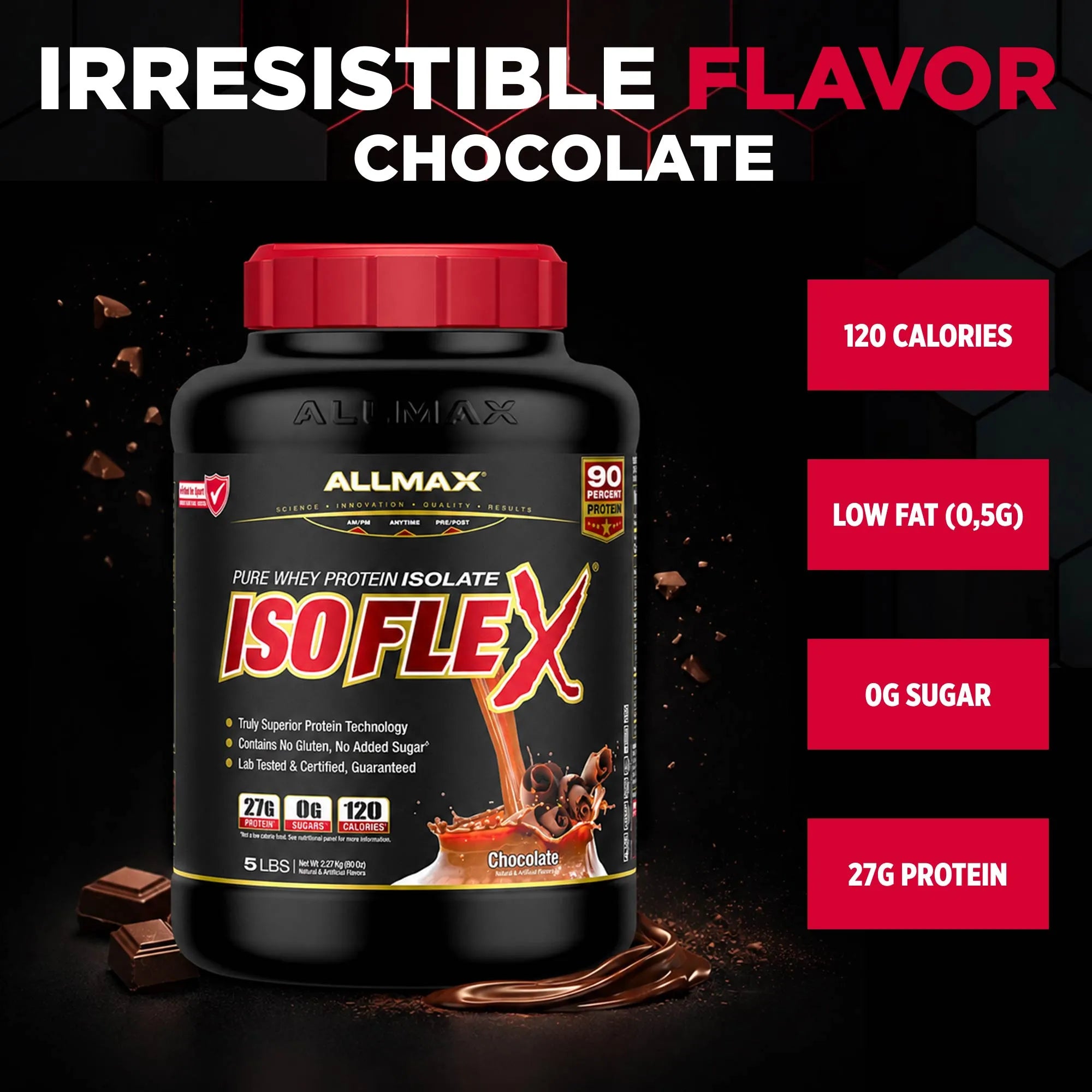 A black tub of Allmax Isoflex Pure Whey Protein Isolate in Chocolate flavor with a red cap, shown on a dark background with chocolate pieces and text overlays highlighting nutritional facts.