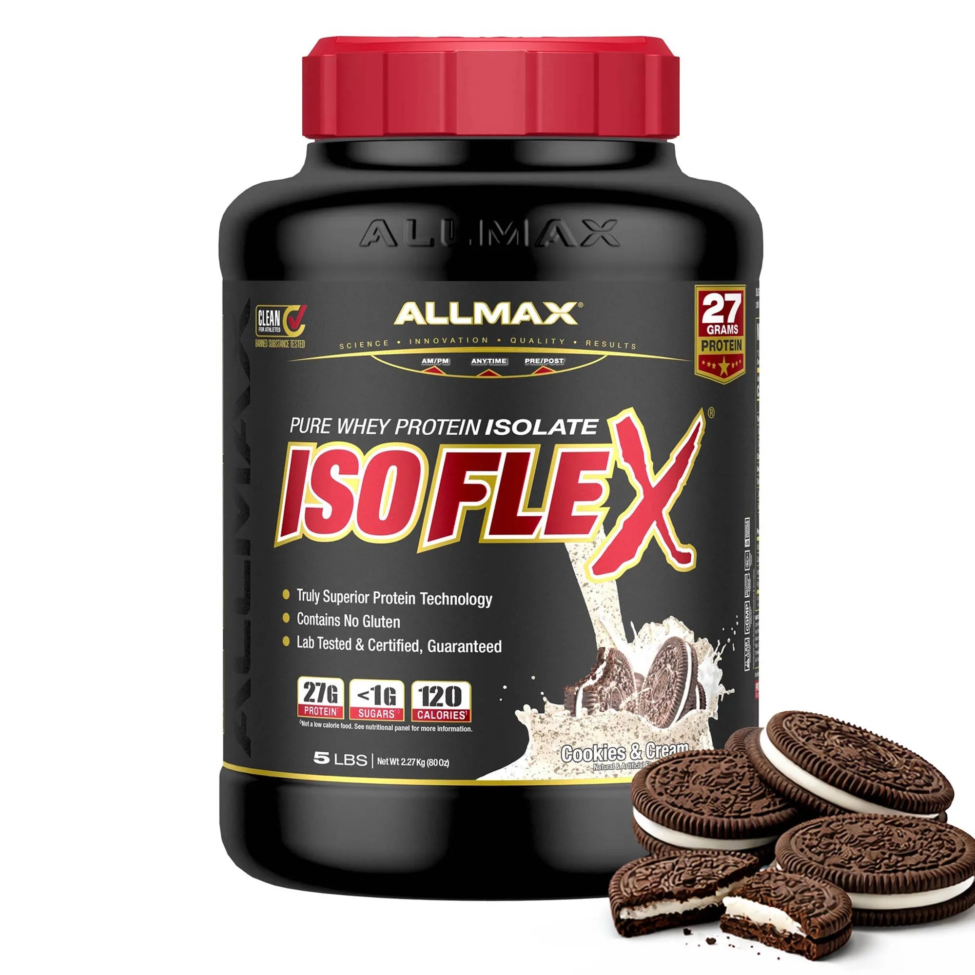 A 5 lb tub of Allmax IsoFlex Pure Whey Protein Isolate in Oreo flavor, shown with several Oreo cookies on a clean white background.