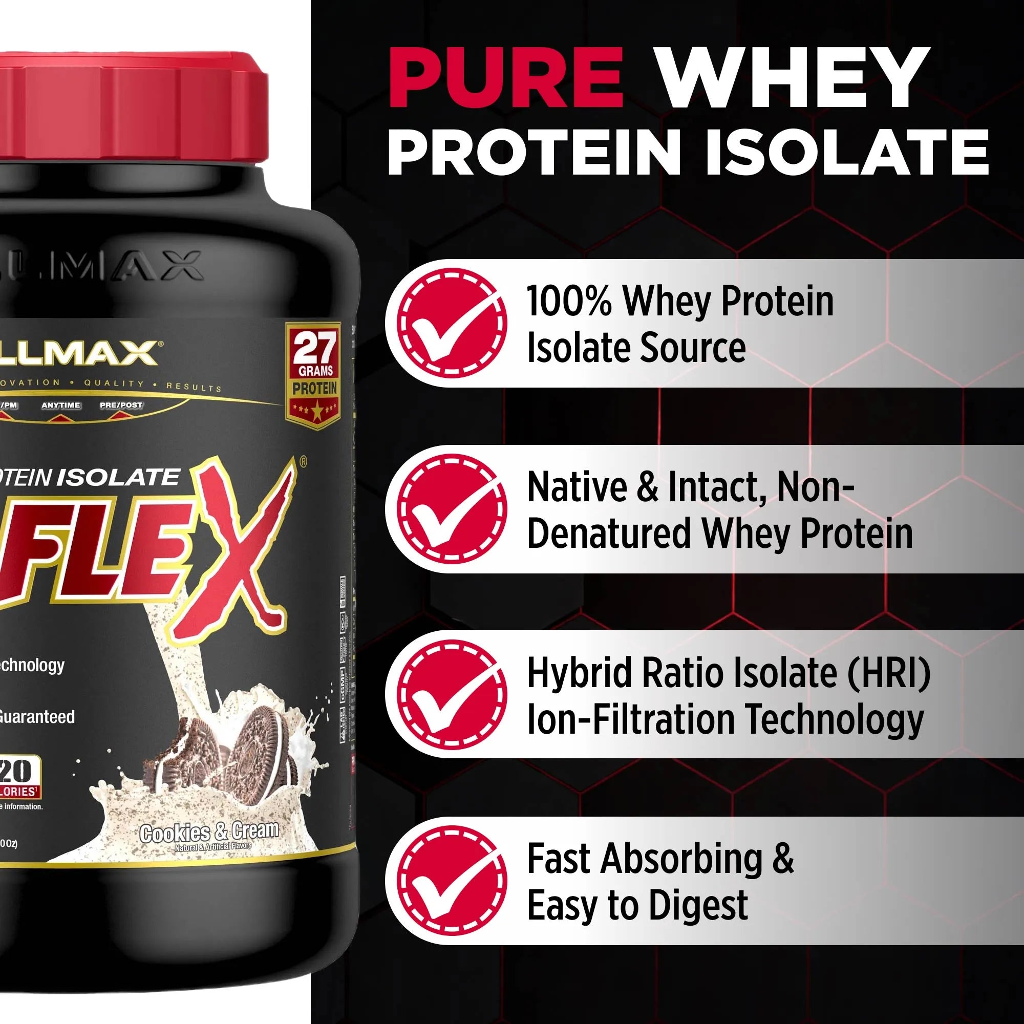 A bottle of ISOFlex Whey Protein Isolate on the left, next to a black promotional graphic with red and white text highlighting product benefits such as 100% whey protein isolate, native and intact protein, and fast absorbing formula.