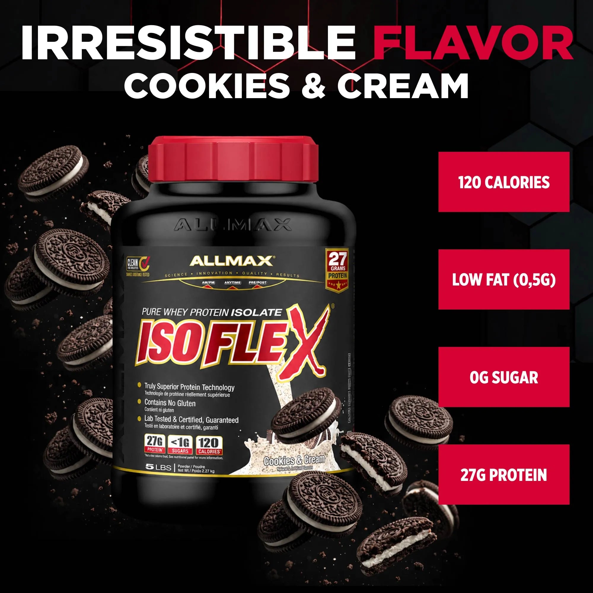 Allmax Isoflex Cookies & Cream protein powder tub with a red lid, surrounded by Oreo cookies on a black background, with text highlighting 120 calories, low fat, 0g sugar, and 27g protein.