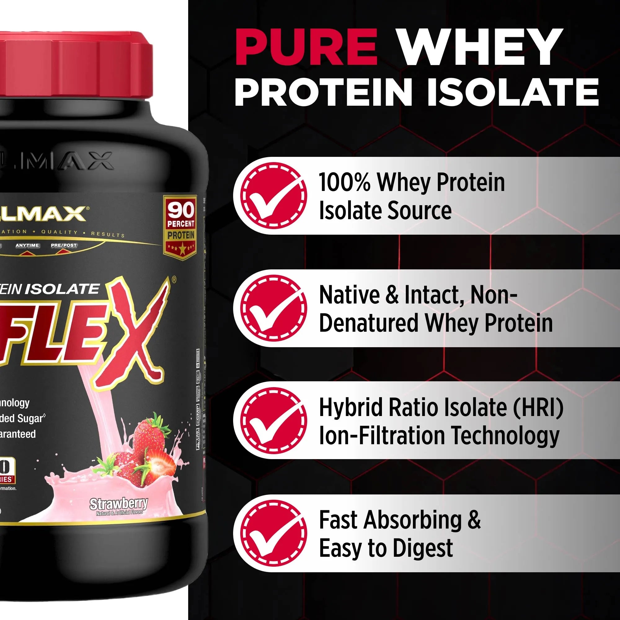 A bottle of IsoFlex Whey Isolate protein powder on the left, next to a black promotional graphic on the right with text highlighting key product features such as '100% Whey Protein Isolate Source' and 'Native & Intact, Non-Denatured Whey Protein'.