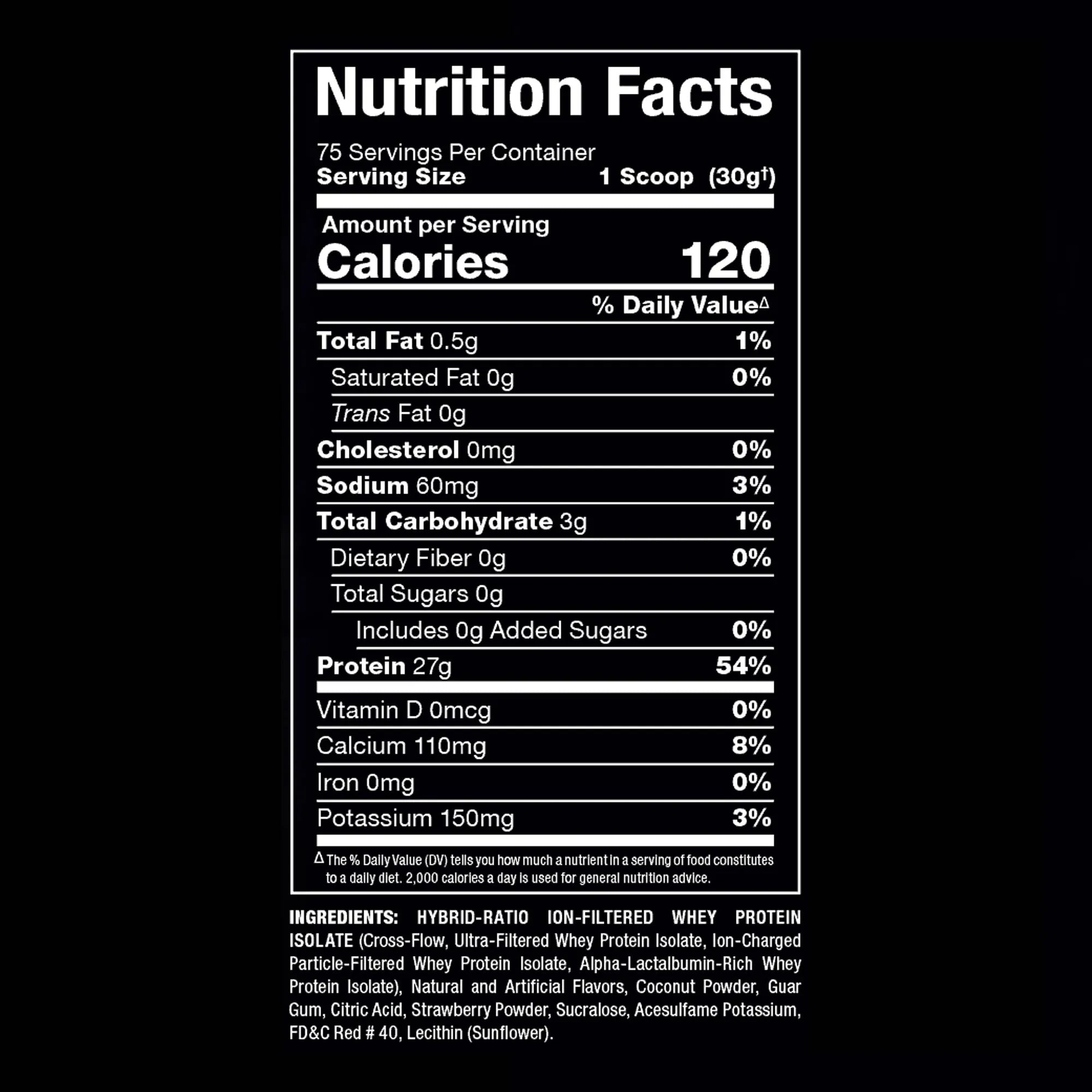 A Nutrition Facts label for a whey protein powder product on a solid black background. The label is white with black text and shows 1 scoop (30g) of the product with 120 calories.