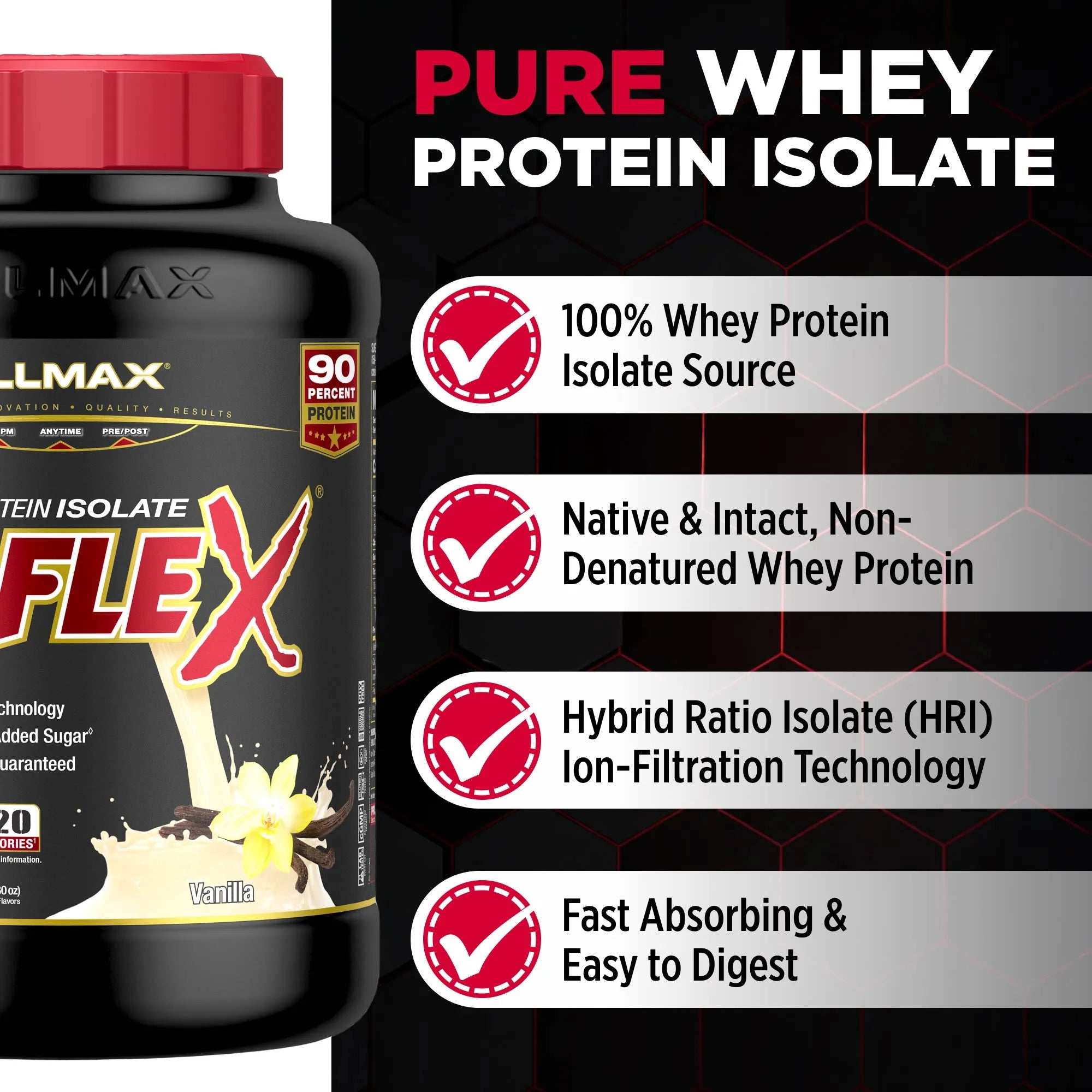 IsoFlex Protein Flex supplement container with certification badges on a black background