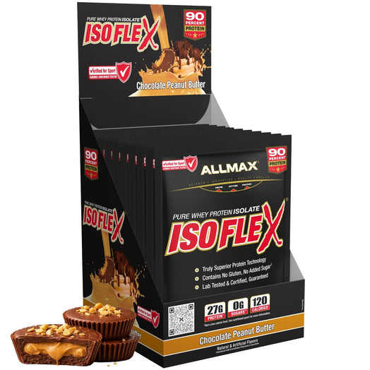 A display box of Allmax Isoflex Chocolate Peanut Butter protein powder shakes, shown with two chocolate peanut butter protein bars in the foreground on a white background.