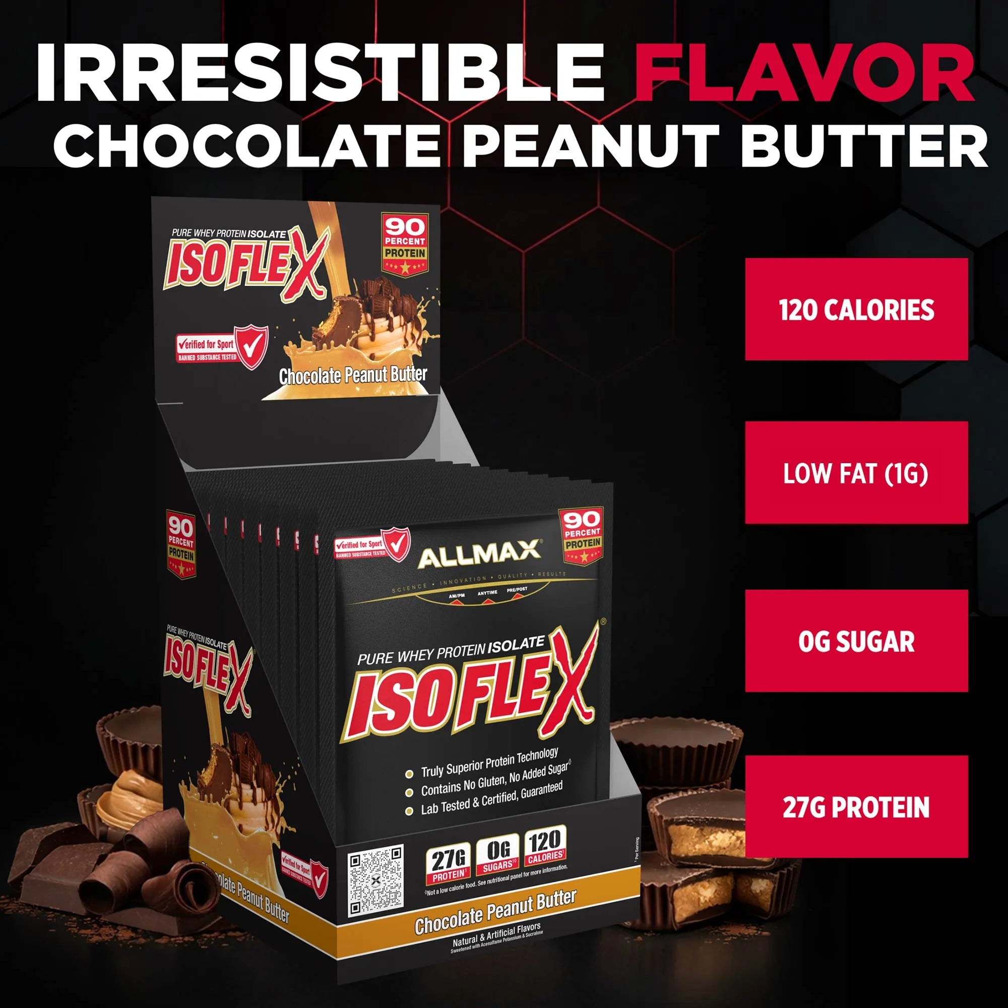 A box of ISOFLEX Allmax Chocolate Peanut Butter protein powder shown in a promotional graphic with large text reading 'IRRESISTIBLE FLAVOR CHOCOLATE PEANUT BUTTER' and feature callouts for calories, fat, sugar, and protein.