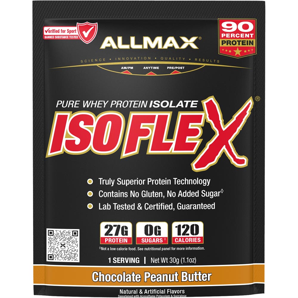 A 30g bag of Allmax Isoflex Chocolate Peanut Butter pure whey protein isolate powder. The packaging is black with bold red and white lettering, featuring the Allmax brand logo and product details.