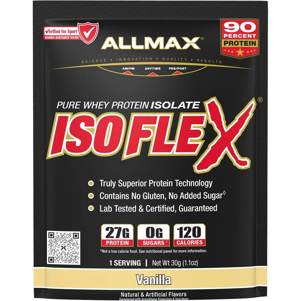 A 30g pouch of Allmax IsoFlex Pure Whey Protein Isolate in Vanilla flavor. The packaging is primarily black with a large red and white 'ISO FLEX' logo, featuring gold accents and white text detailing protein content and certifications.