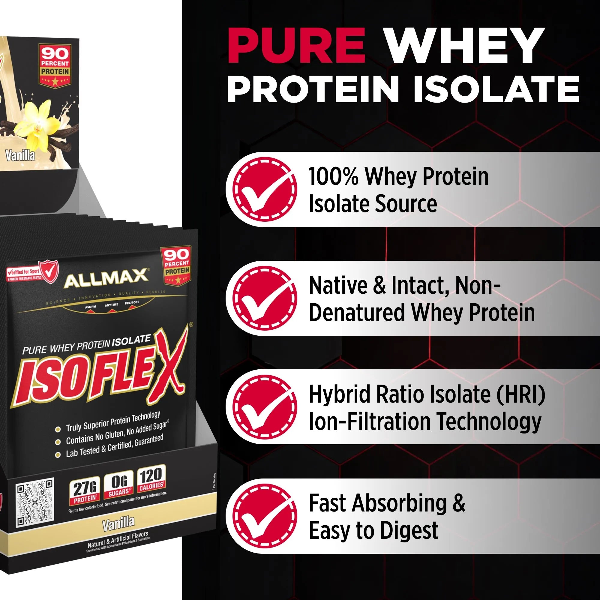 Allmax Isoflex Pure Whey Protein Isolate in Vanilla flavor, shown in a black and gold retail box alongside marketing text highlighting its 100% protein isolate source, native and intact protein, hybrid ratio ion-filtration technology, and fast absorbing properties.