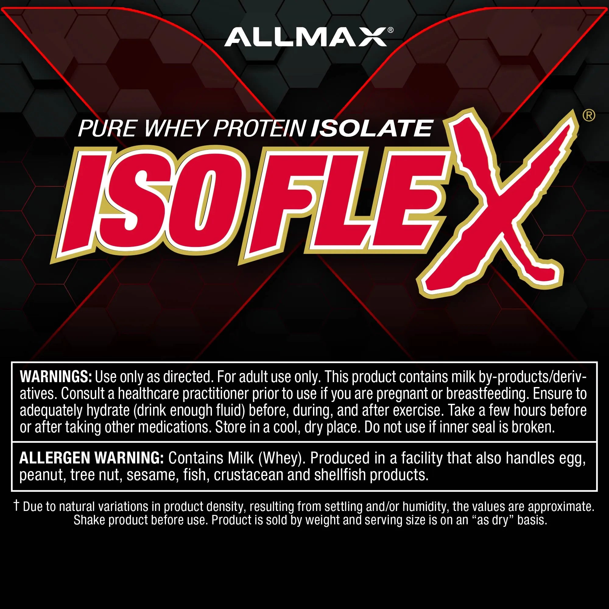 Front packaging panel for Allmax Pure Whey Protein Isolate Isoflex, featuring a black background with red hexagonal pattern, large red and white product name text, and a white warning panel at the bottom.