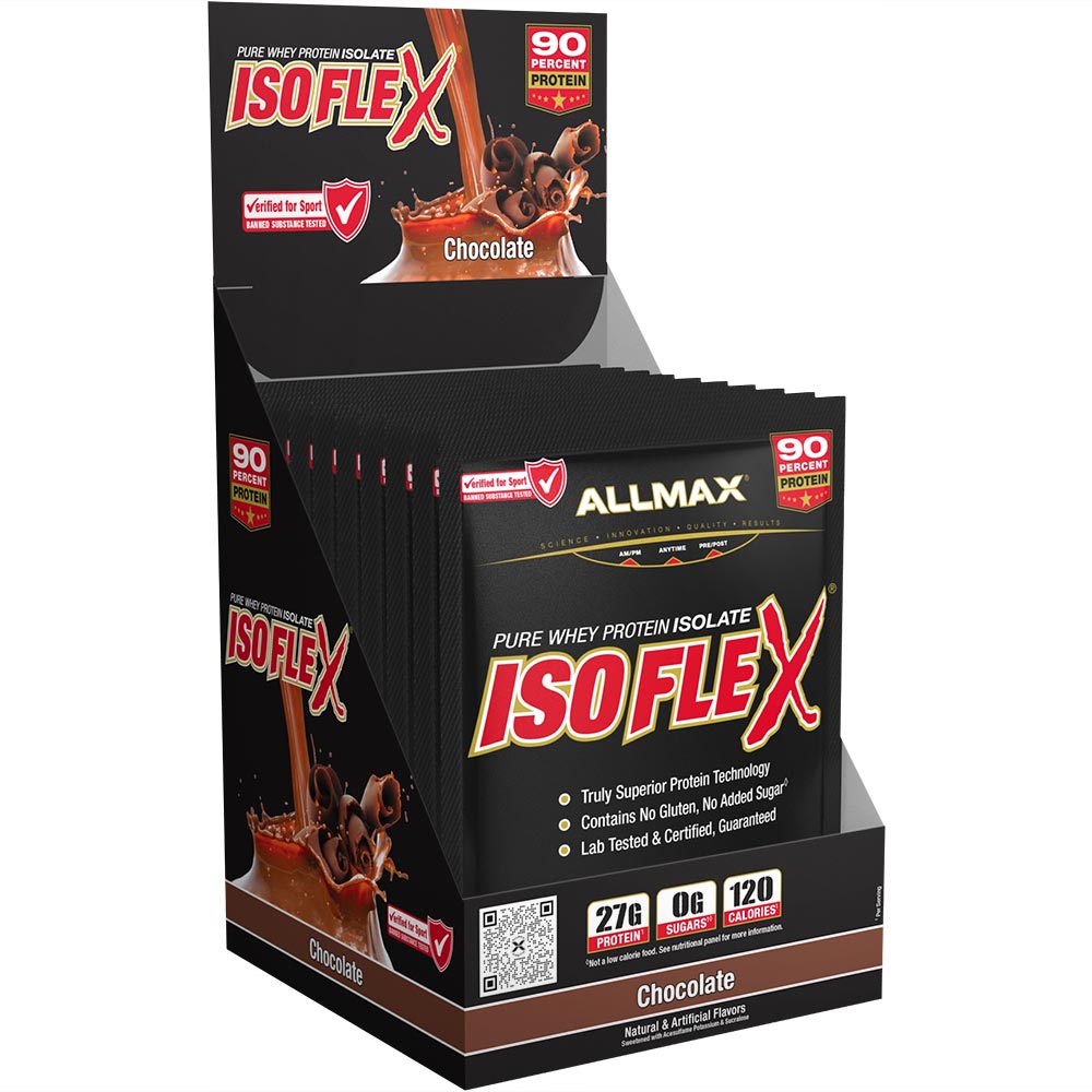 A display box of Allmax Isoflex Chocolate flavor pure whey protein isolate, showing multiple individual sachets inside a black retail counter display.