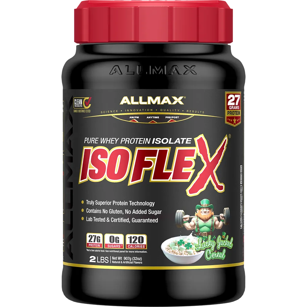 A 2 lb tub of Allmax Isoflex Pure Whey Protein Isolate in Lucky Cereal flavor, featuring a black container with a red lid and a black label with red and yellow text.