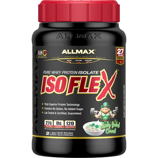 A 2 lb tub of Allmax Isoflex Pure Whey Protein Isolate in Lucky Cereal flavor, featuring a black container with a red lid and a black label with red and yellow text.