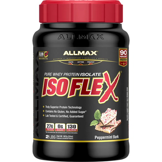 A 2 lb tub of Allmax Isoflex Pure Whey Protein Isolate in Peppermint Bark flavor, featuring a black container with a red cap and a detailed black label with red and gold text.