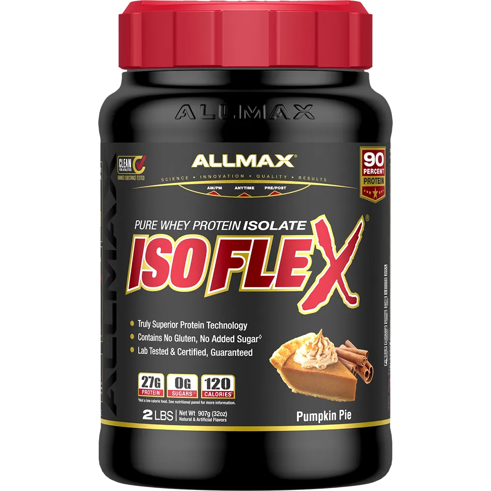 A black tub of Allmax Isoflex Pure Whey Protein Isolate in Pumpkin Pie flavor, featuring a red ribbed cap and a black label with red and white text.