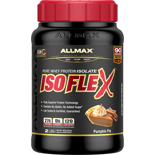 A black tub of Allmax Isoflex Pure Whey Protein Isolate in Pumpkin Pie flavor, featuring a red ribbed cap and a black label with red and white text.