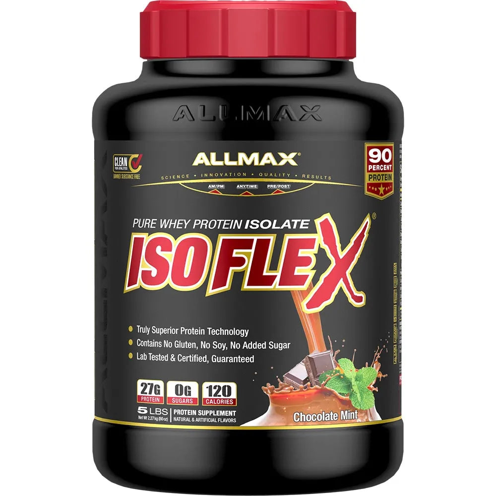 A black tub of Allmax IsoFlex Pure Whey Protein Isolate in Chocolate Mint flavor, featuring a red cap and a black label with red and white text.